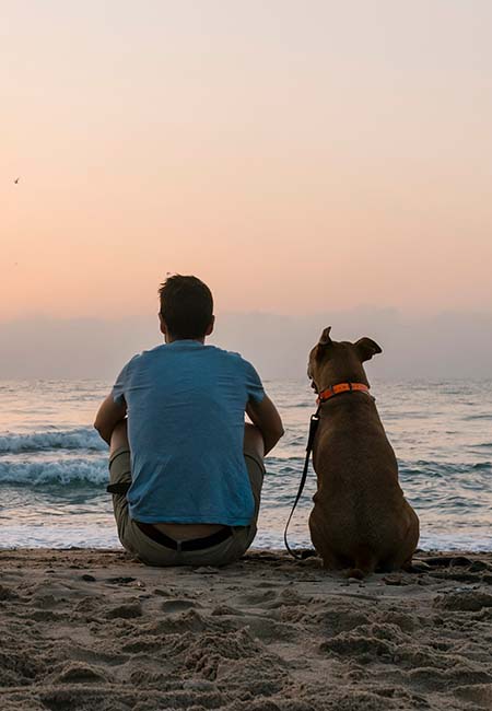 man and dog on beach