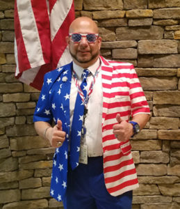 Joe Gardiner-Sanchez wearing patriotic suit 