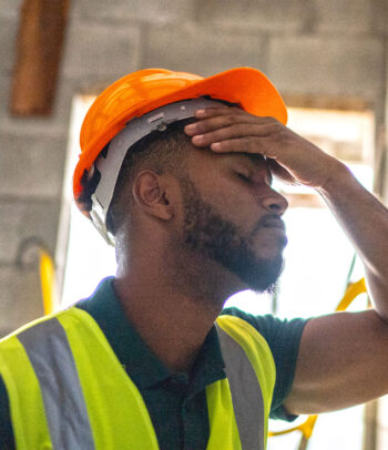worried construction worker analyzing construction site