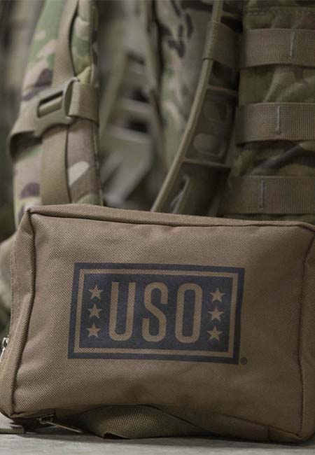 Close up of USO camouflage backpack