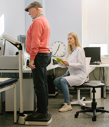 Nutritionist weighing male patient.