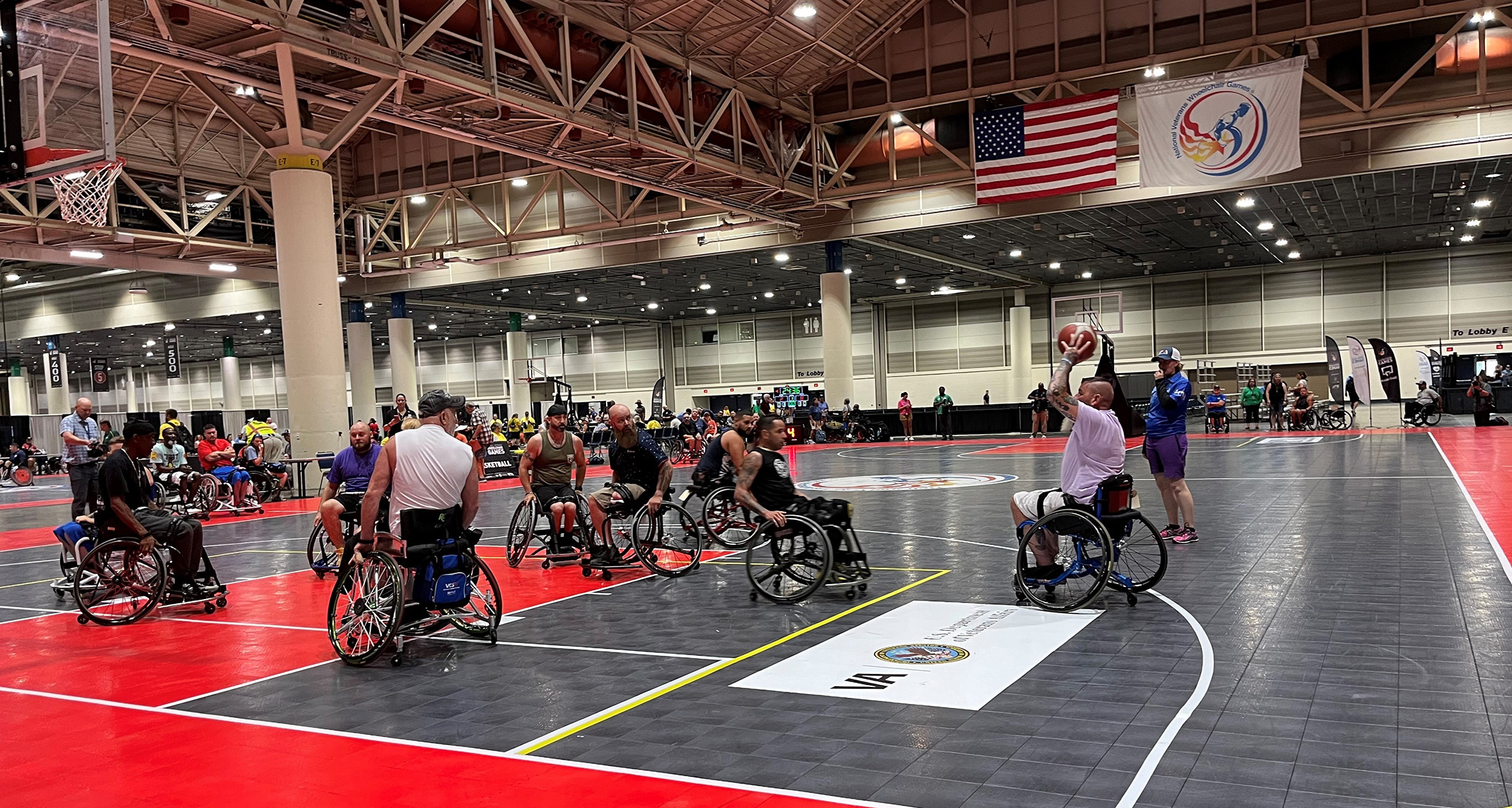 Veterans showcase their skills in an intense wheelchair basketball game at the National Veterans Wheelchair Games.