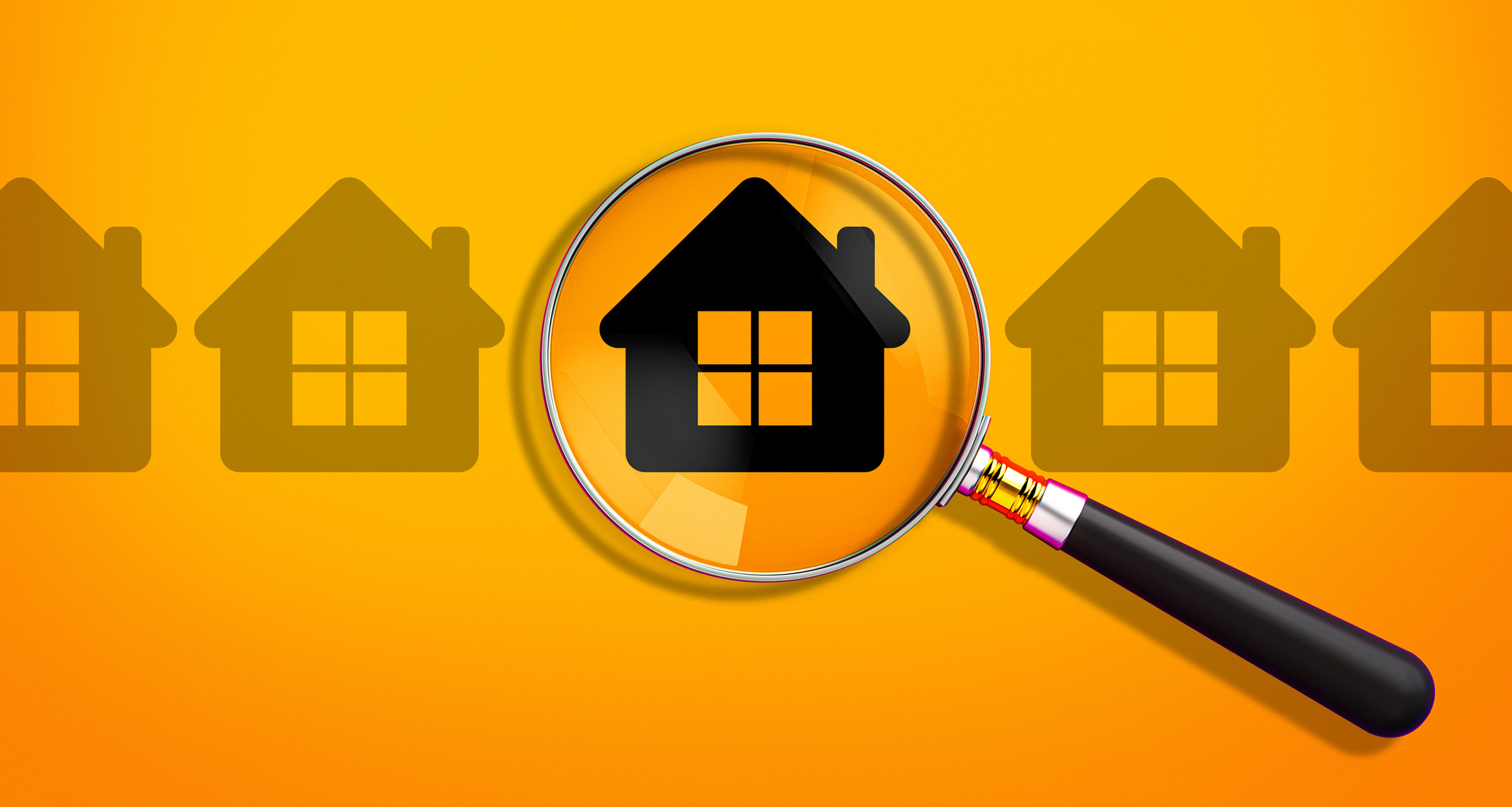 A magnifying glass is placed over an image of a home, representing the search for radon gas levels.