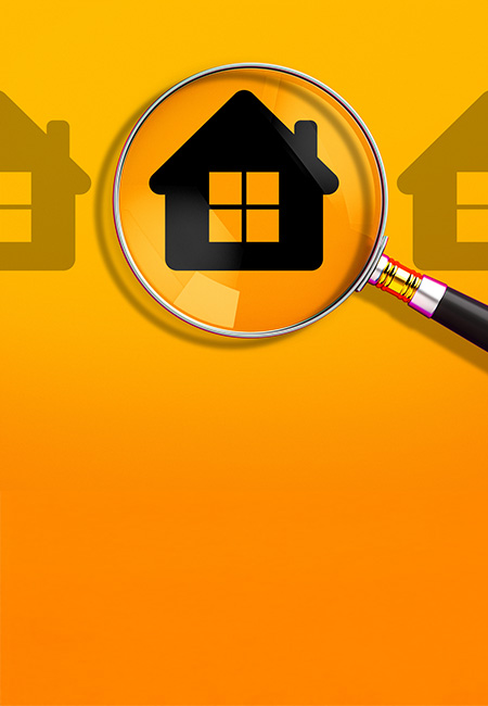 A magnifying glass is placed over an image of a home, representing the search for radon gas levels.