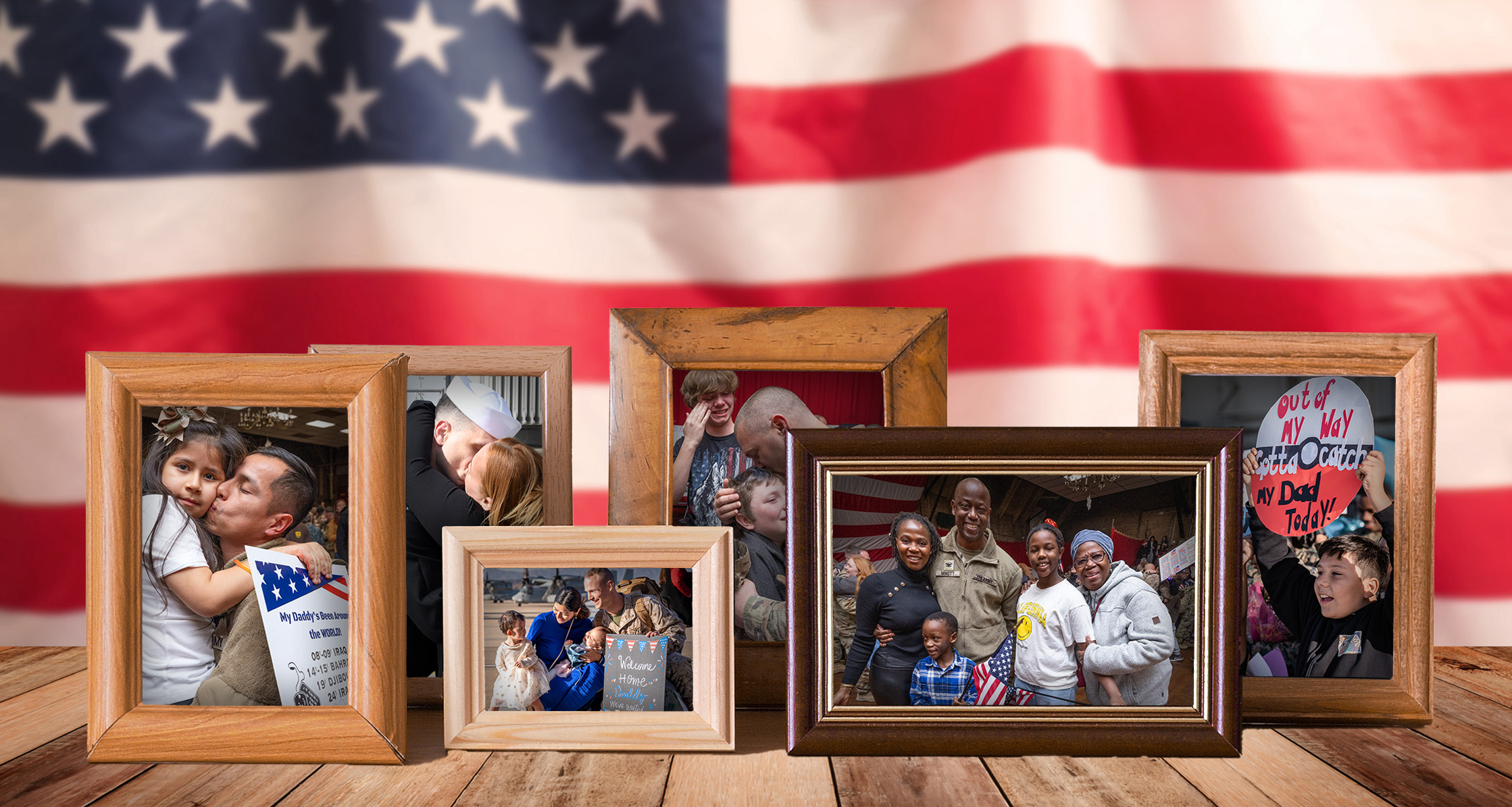 Framed photos of Service members returning with the American flag.