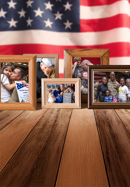 Framed photos of Service members returning with the American flag.