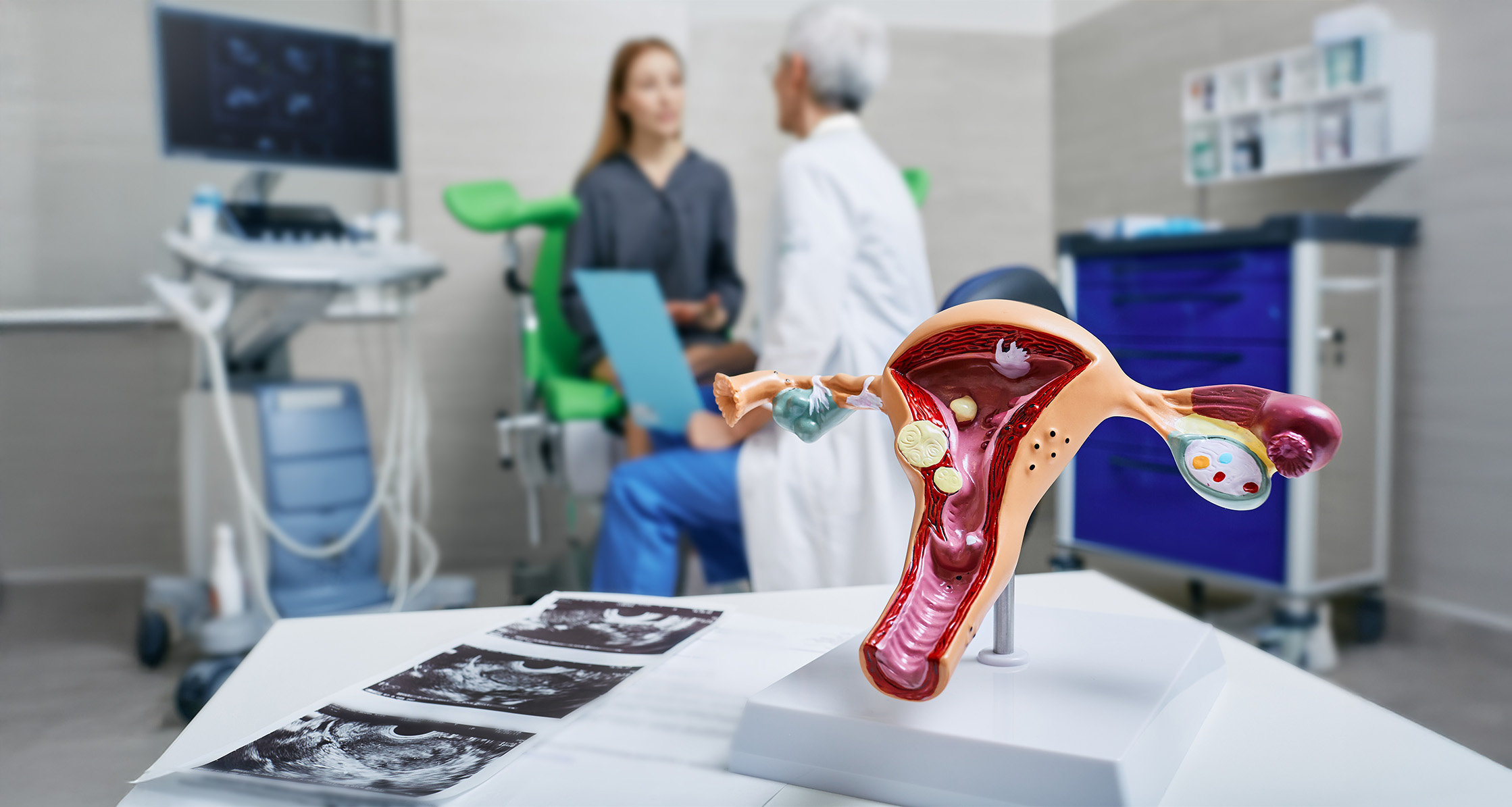 Gynecology consultation with a uterus model and ultrasound images on table.