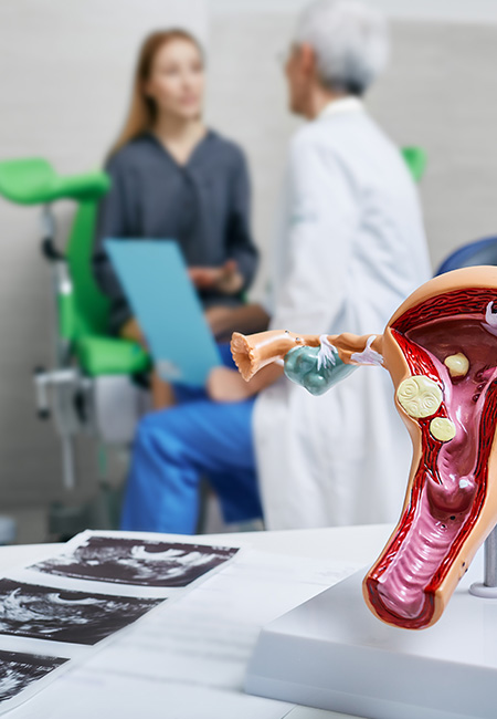 Gynecology consultation with a uterus model and ultrasound images on table.