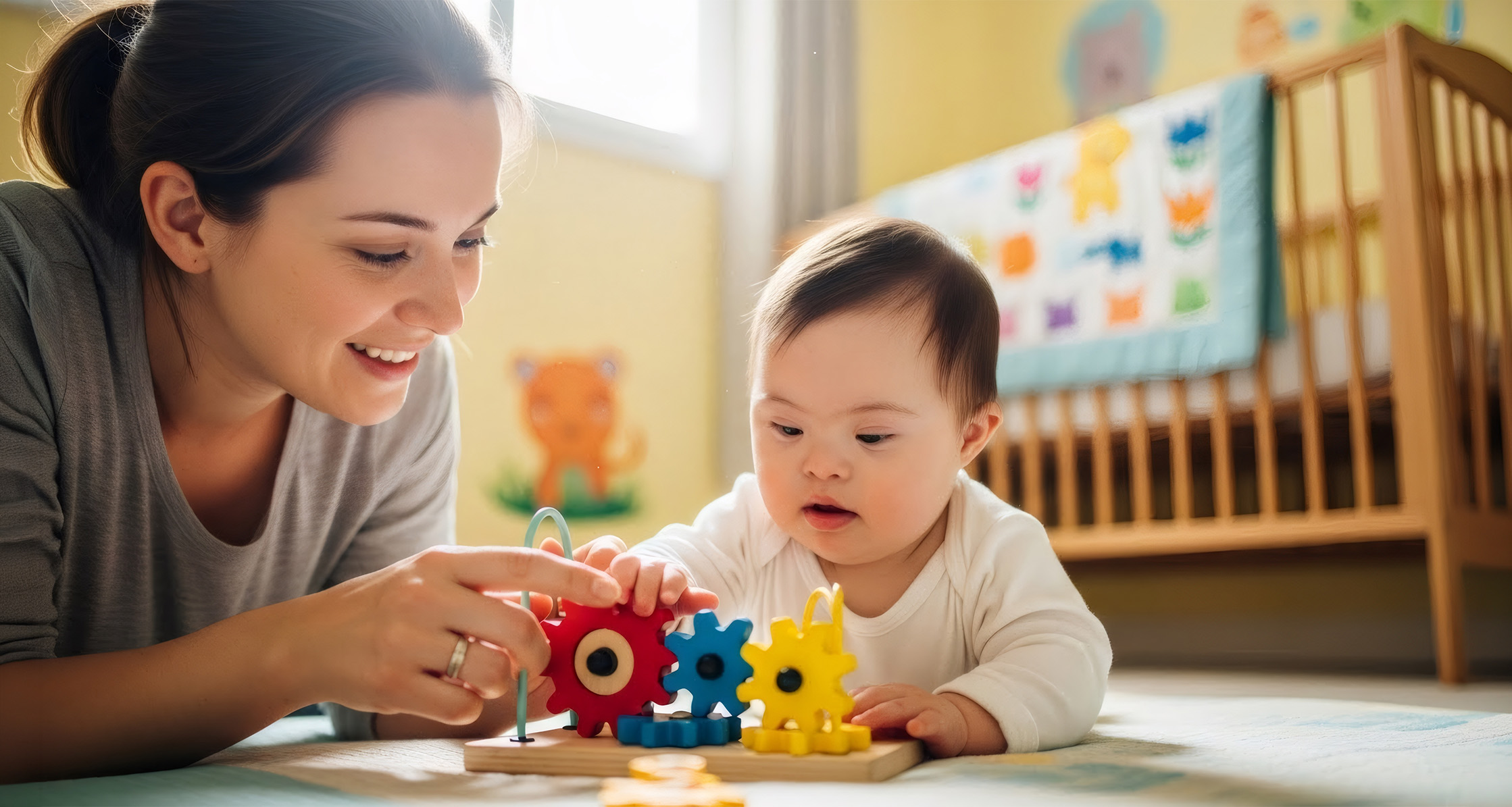 Mother and baby with down syndrome playing on the floor