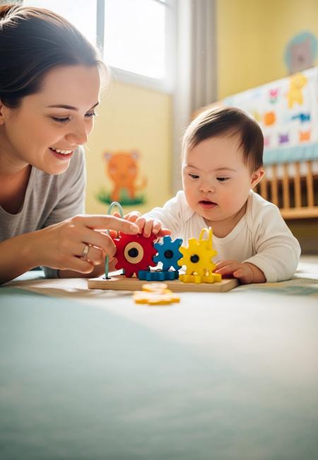Mother and baby with down syndrome playing on the floor